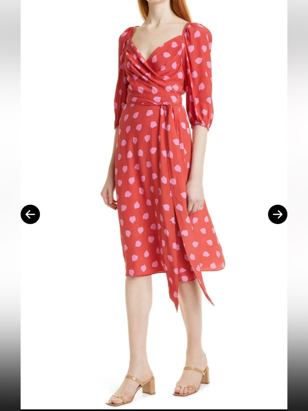 Diane Von Furstenburg Red Pink Surplice Puff Tie Waist Wrap Midi Dress Sz 4